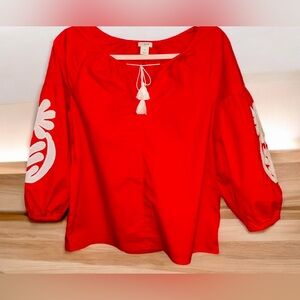 J Crew Red Embroidered puffed sleeve Cotton Women's Top size‎ XS